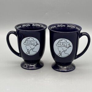 Vintage Avon Cobalt Blue Pedestal Mugs Set of 2 Colonial Lady Logo